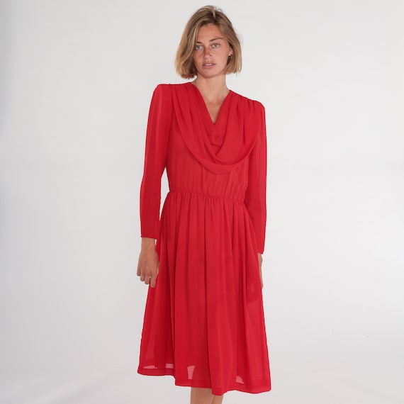 Red Party Dress 70s Disco Dress Grecian Draped Cowl Neck Midi Long Puff Sleeve High Waisted Evening Cocktail Formal Vintage 1970s Medium M