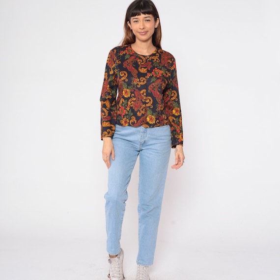 Paisley Floral Blouse 90s Black Hidden Button up Shirt Gold Baroque Flower Print Long Sleeve Top Boho Hippie Bohemian Vintage 1990s Medium M