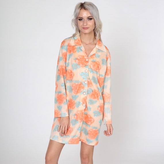 70s Mini Dress Orange Mod Floral Shirtdress Hippie Boho Shift Button Up Long Sleeve Dagger Collar Vintage 1970s Bohemian Medium Large