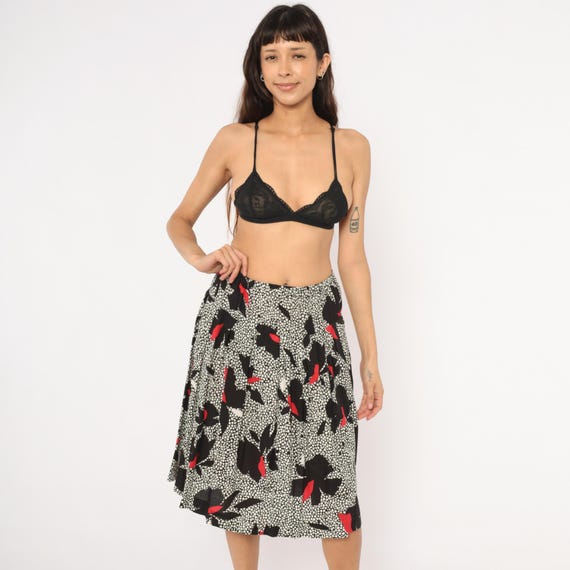 90s Floral Skirt Abstract Black Red White Dotted Elastic Waist Gathered Midi Patterned Summer Vintage Grunge Alt Pin Up Rockabilly Medium M