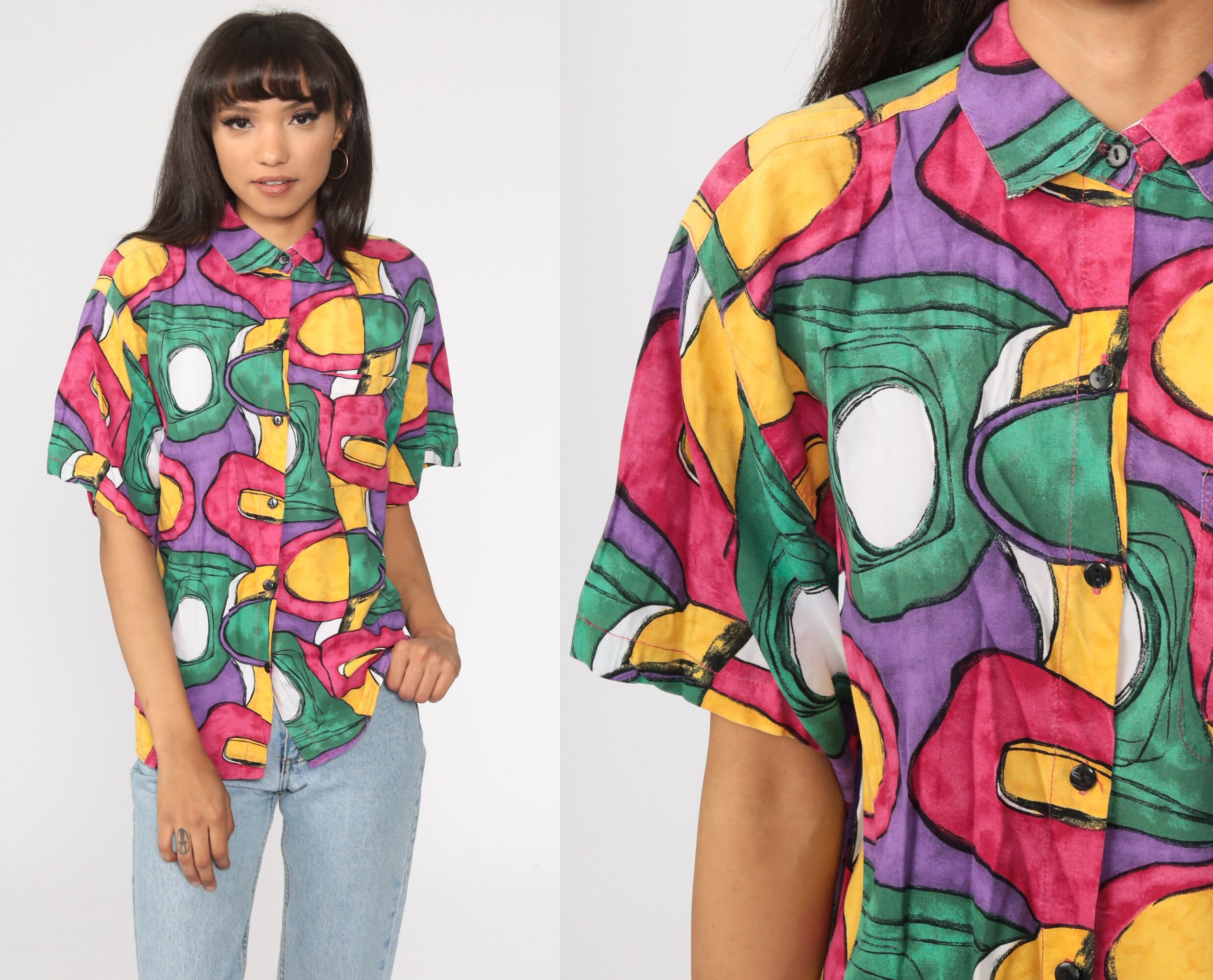 Vintage 90s Colourful Abstract Short Sleeve Womens Shirt Size XL
