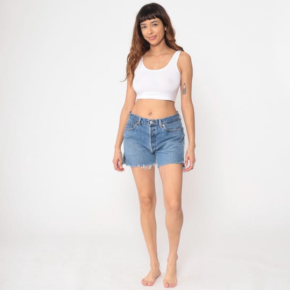 Levis Denim Cutoffs Y2k Ripped Levi 501 Blue Cut Off Jean Shorts High Rise Cut Offs Frayed Retro Bermuda Shorts Vintage 00s Men's 34 Medium