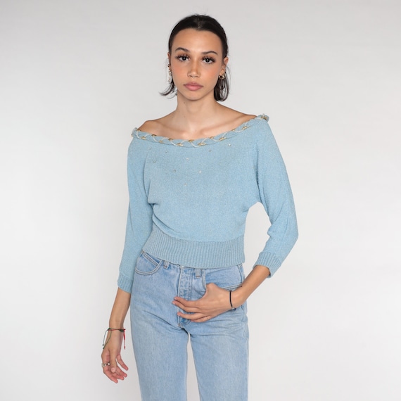 Dusty Blue Sweater 70s Off Shoulder Knit Sweater Metallic Gold Sequin Beaded Pullover Jumper Retro Seventies Feminine Vintage 1970s Small S