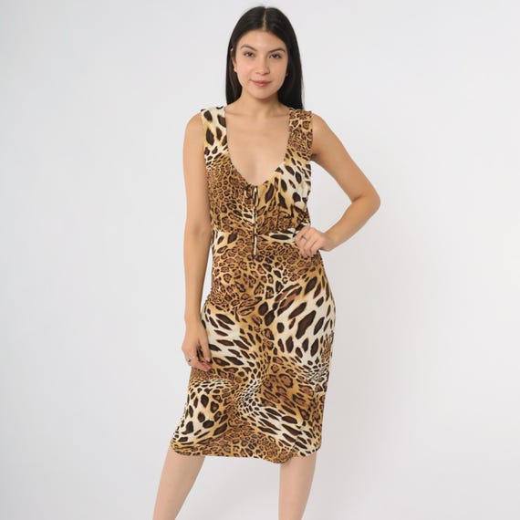 Leopard Print Midi Dress Y2K Sleeveless Deep V Neck Tie Front Bodycon Rave Party Clubwear Stretchy Animal Print Brown Beige Sexy Medium M