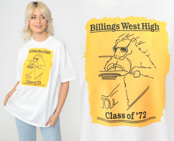 90s Billings West High Reunion Class of '72 T-Shirt White Montana Bear Graphic Tee Short Sleeve Vintage 1990s Top Medium Large