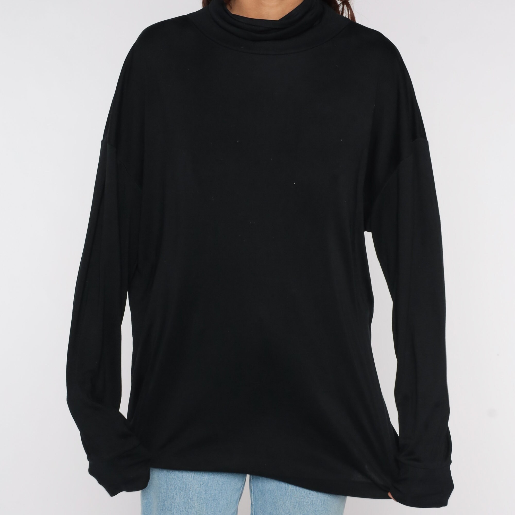 Black Silk Turtleneck 90s Shirt Long Sleeve Blouse Oversized Tee Silky 1990s Basic Plain Vintage 