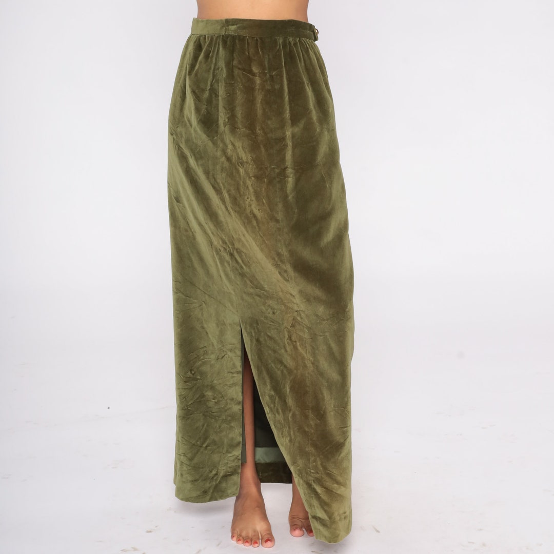 Vintage Olive Green Velveteen Maxi Skirt main image 1