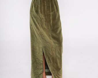 Green Velvet Skirt 80s Maxi Skirt Plain Long Simple High Waisted Front Slit Retro Cocktail Hippie Boho Holiday Party Vintage 1980s Small S