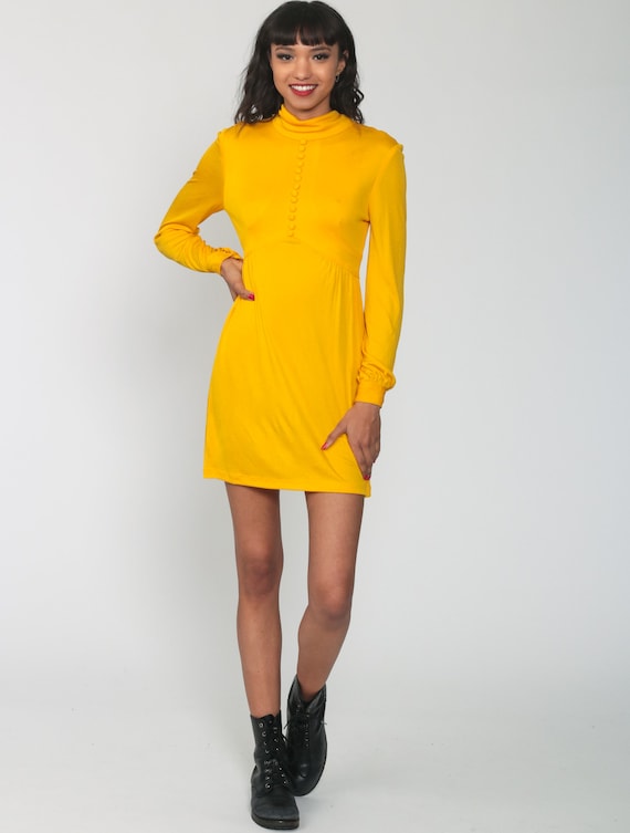 Yellow Babydoll Dress 1970s Mod Mini Dress Button… - image 2