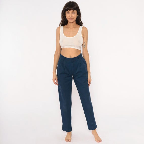 80s Navy Pleated Trousers High Waisted Tapered Leg Dark Blue Chino Pants Front Pleat Ankle Length Straight Preppy Academic Vintage Small S