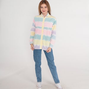 Striped Shirt 90s Button Up Blouse White Pink Yellow Blue Green Purple Long Sleeve Top Pastel Western Cotton 1990s Vintage Roper Medium M image 3