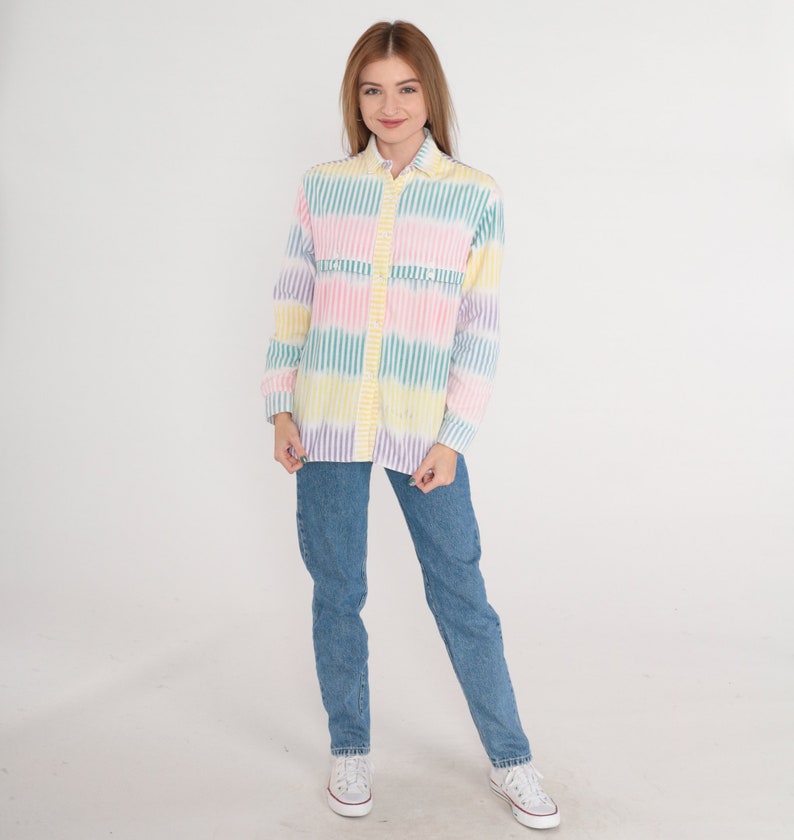 Striped Shirt 90s Button Up Blouse White Pink Yellow Blue Green Purple Long Sleeve Top Pastel Western Cotton 1990s Vintage Roper Medium M image 3