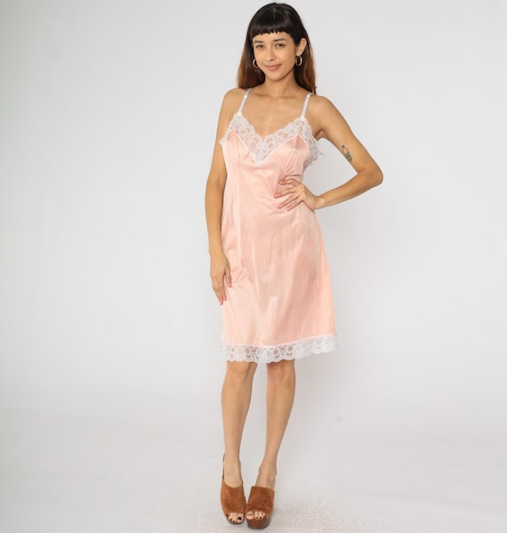 60s Pink Slip Dress Midi White Lace Trim Lingerie Sweetheart Vintage 1960s Deep V Neck Empire Waist Spaghetti Strap Medium