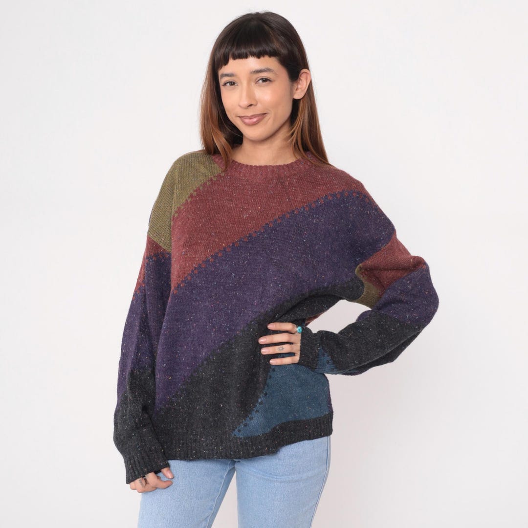 80s Colorblock Sweater Geometric Pullover Green Burgundy Purple Black ...