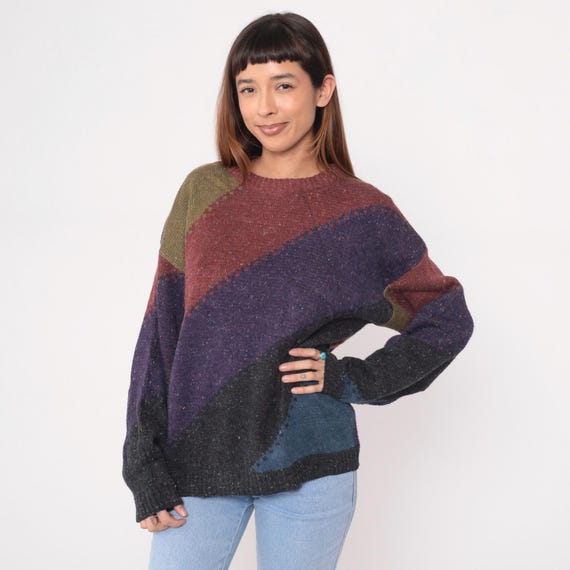 80s Colorblock Sweater Geometric Pullover Green Burgundy Purple Black Navy Teal Speckled Knit Crew Neck Vintage Cozy Chunky Top Large L
