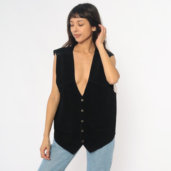 90s Suede Leather Vest Black Waistcoat Tie Back Pointed Hem Mens Labeled Dark Academia Western Cowboy Rodeo Grunge Vintage Extra Large XL