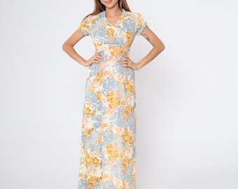 70s Floral Maxi Dress Hippie Gown Puff Sleeve Boho Lace Flower Rose Print Empire Waist Ruffled Festival Summer Long Vintage 1970s Small S