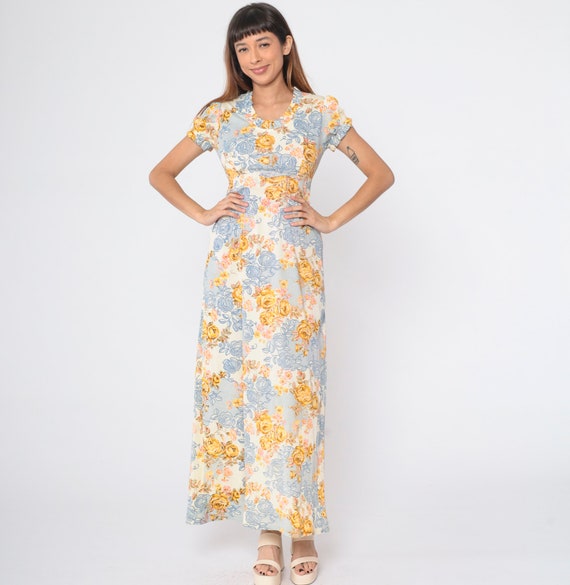 70s Floral Maxi Dress Hippie Gown Puff Sleeve Boho Lace Flower Rose Print Empire Waist Ruffled Festival Summer Long Vintage 1970s Small S