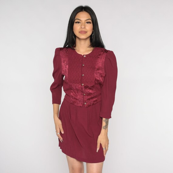 Burgundy Mini Dress 90s Brocade Floral Lace Mini … - image 3