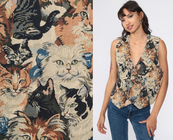 Cat Tapestry Vest Shabby Chic Vest 1990s Open Fron