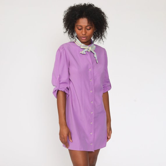 Purple Ascot Dress 70s Puff Sleeve Mini Button Up… - image 3