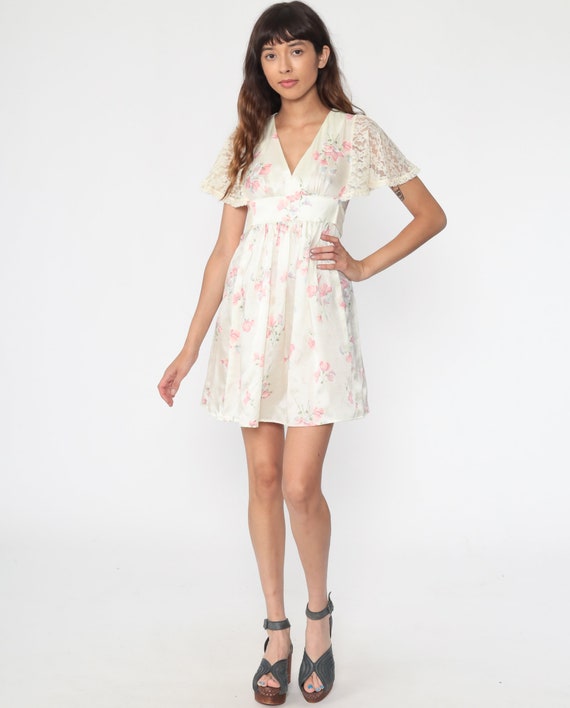 Babydoll Mini Dress Lace Sleeve Off-White Floral … - image 2