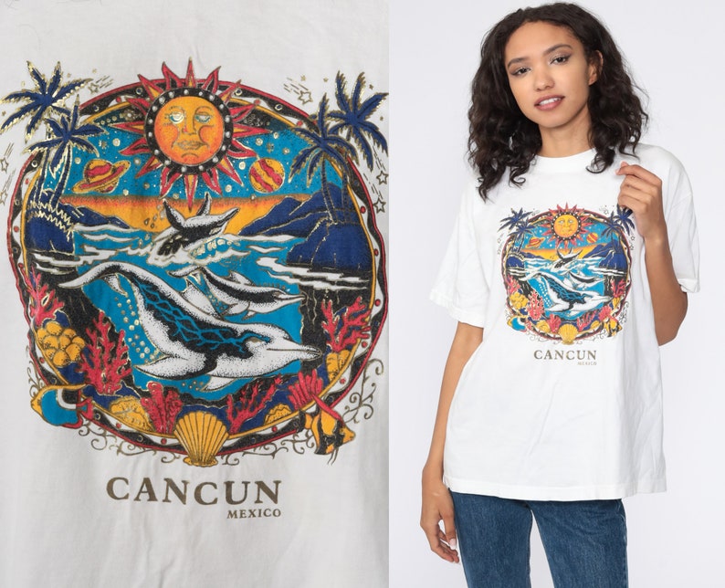 Dolphin Shirt Under The Sea Shirt Metallic Graphic Tshirt Cancun Mexico Shirt Retro T Shirt 90s Vintage Mexico Surfer Tee Medium Large image 1