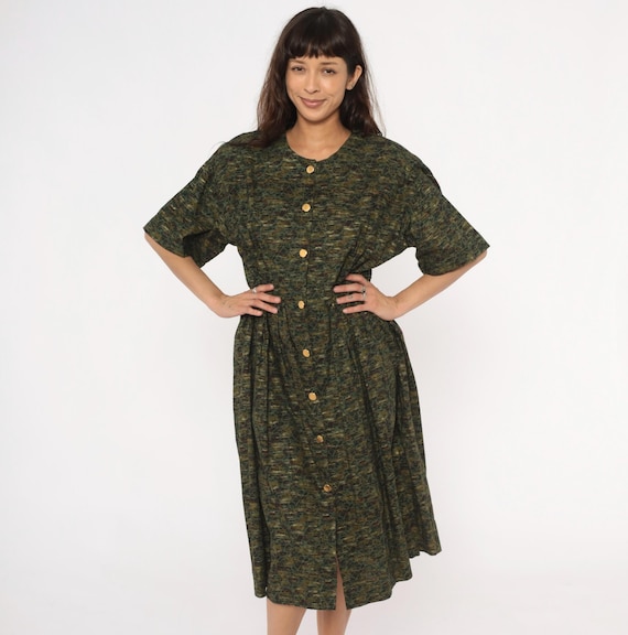 70s Green Dress Short Sleeve Elastic Waist Cottagecore Prairie Gold Buttons Cotton Olive Brown Forest Autumn Fall Gothic Vintage Large L