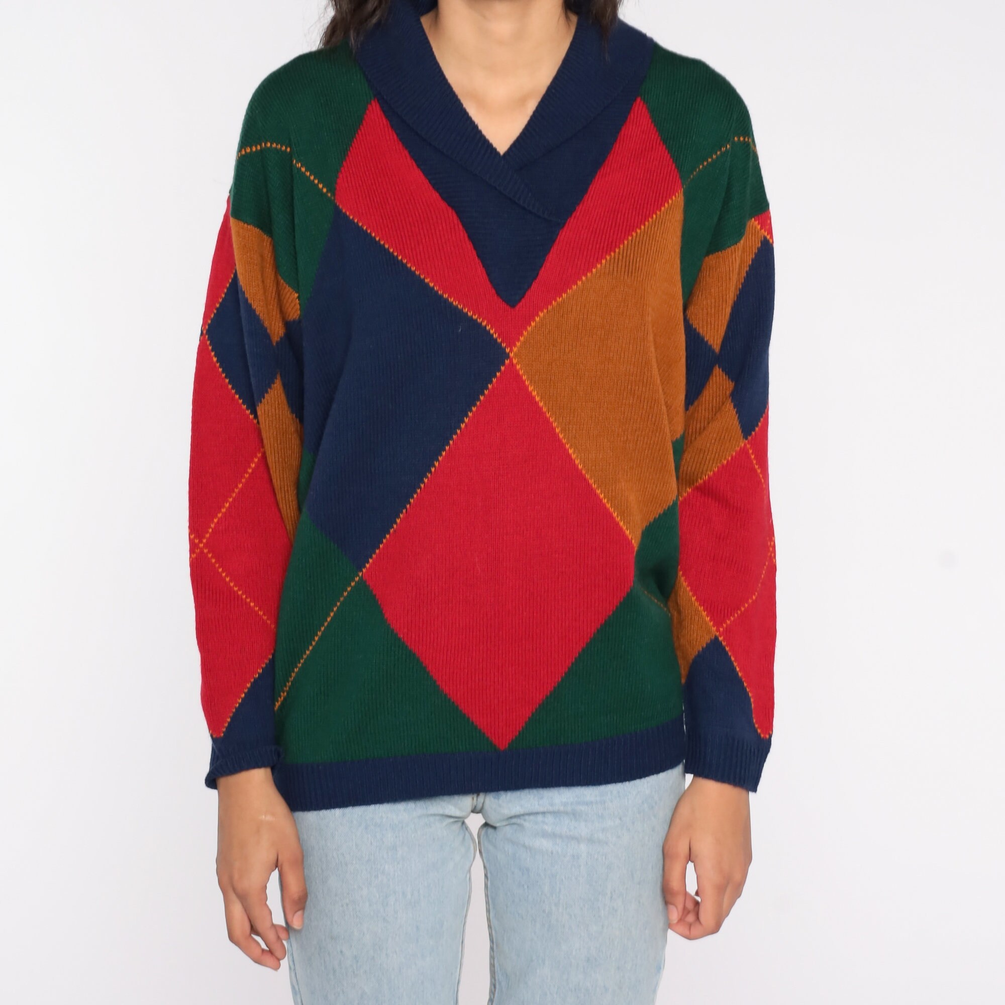 90s Harlequin Sweater Diamond Print Knit Sweater Shawl Collar Geometric ...