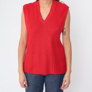 Red Sweater Vest 70s Ribbed Knit Tank Top Sleeveless Pullover V Neck Retro Preppy Knitwear Simple Basic Plain Acrylic Vintage 1970s Large L image 8