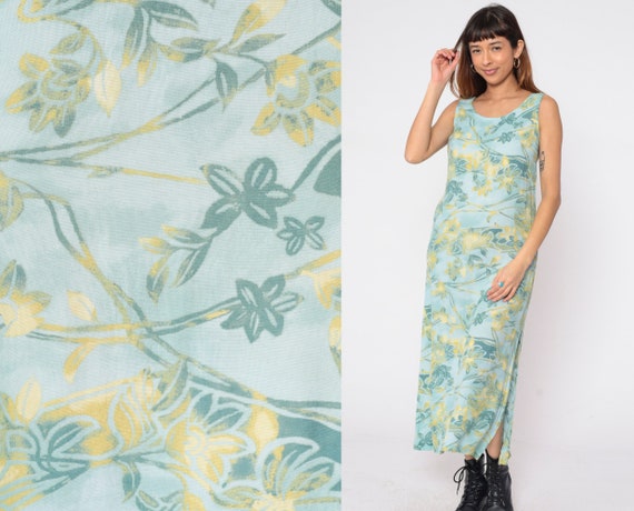 Seafoam Floral Dress 90s Side Slit Maxi Dress Ret… - image 1