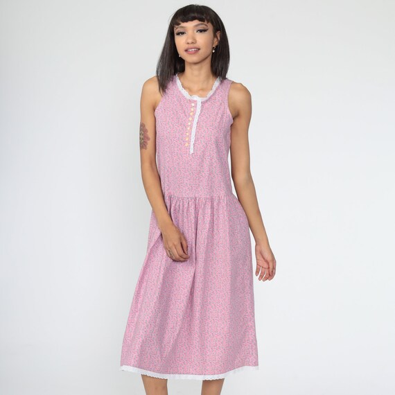 Calico Floral Dress 80s Pink Midi Eyelet Lace Cottagecore Vintage Bohemian Sundress Sleeveless 1980s Drop Low Waist Sun Dress Extra Small xs