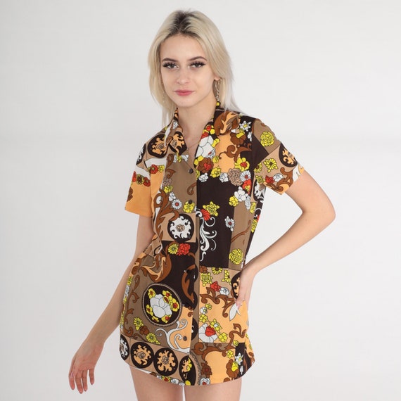 Groovy Floral Shirt 70s Flower Power Top Retro Tonal Brown Color Block Psychedelic Print Collar Button Up Short Sleeve Vintage 1970s Small