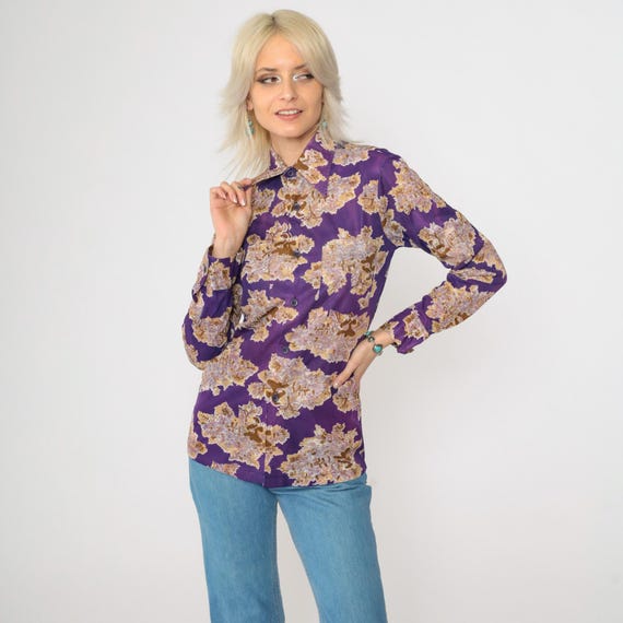 70s Purple Pastoral Print Shirt Lute Instrument Musician Shirt Button Down Dagger Collar Long Sleeve Novelty Vintage 1970s Extra Small xs