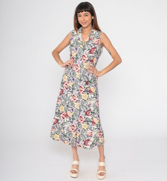 Silk Floral Dress 90s Tropical Midi Dress Botanical Print Sleeveless Summer Off-White Dress Button Up Sheath Sundress Summer 1990s Medium
