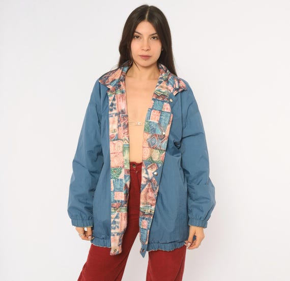 90s Reversible Jacket Pink Blue Snap Front Cotton Patchwork Geometric Southwestern Collar Coat Long Sleeve Green Boxy Loose Vintage Medium M