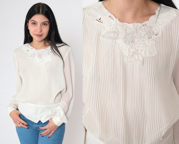 80s Beaded Blouse White Grape Leaf Puff Sleeve Top Sequined Long Sleeve Button Back Shirt Formal Party Pintuck Pleat Vintage 1980s Medium 8