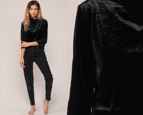 Black Velvet Shirt 90s Top Goth Grunge Blouse High Neck Gothic Long Sleeve 1990s Vintage Glam Party Tee Large