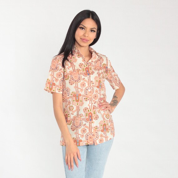 70s Shirt Abstract Print Button Up Top Off-White Orange Geometric Tile Print Dagger Collar Blouse Disco Short Sleeve Vintage 1970s Small S