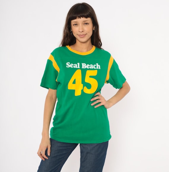 Seal Beach 45 Jersey Tee Green Gold Athletic Football Shirt Cotton Collegiate Varsity Sporty Vintage Number Graphic Top Emerald Large L