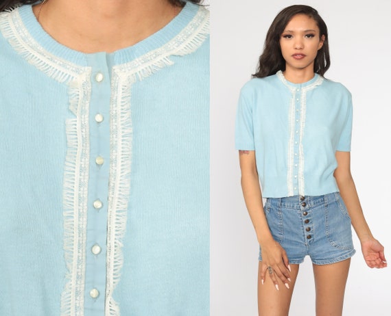 Baby Blue Sweater 60s Short Sleeve Cardigan Boho S