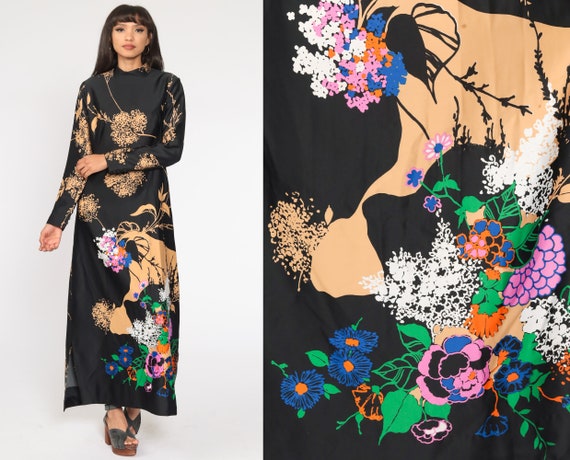 Hawaiian Floral Maxi Dress 70s Boho Black Graphic Print Long Sleeve Hippie High Neck 1970s Vintage Bohemian Retro Festival Medium Large