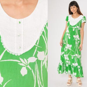 Vintage 70s Green Hawaiian Maxi Dress White Floral Print Puff Sleeve ...