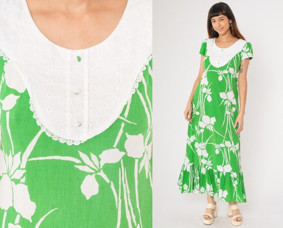Vintage 70s Green Hawaiian Maxi Dress White Floral Pr… - Gem