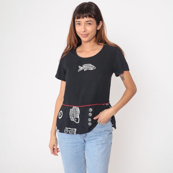 90s Black White Fish Skeleton Print Nautical Sea Life Marine Top Starfish Shell Short Sleeve T Shirt Gothic Dark Academia Vintage Small S