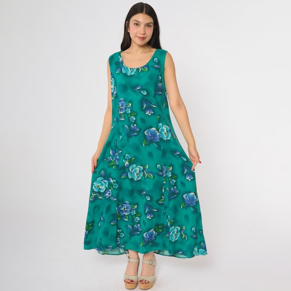 Floral Teal Dress Maxi Emerald Green Blue Flowers Sleeveless 90s Vintage Long Summer Flowing Garden Party Resort Vacation Style Large L 16
