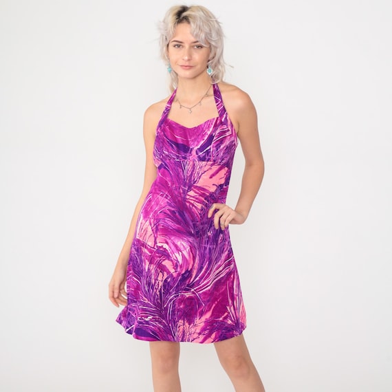 Vintage Halter Neck Mini Dress 70s Abstract Purple Magenta Babydoll Sun Empire Waist Boho Hippie Summer Sundress 1970s Extra Small xs