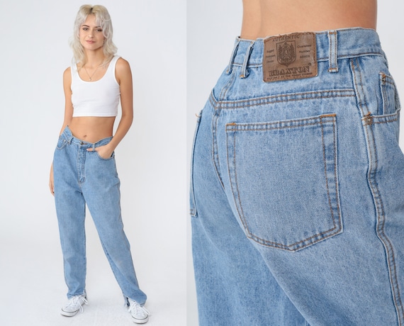 90s Mom Jeans High Waisted Jeans Tapered Leg High Rise Retro Slim Basic Ankle Slit Blue Denim Pants Plain Vintage 1990s Braxton Medium M 28