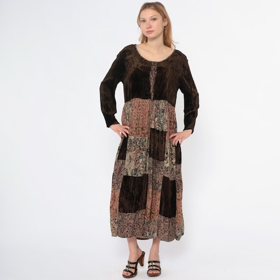 Patchwork Velvet Dress Y2K Paisley Floral Print Brown Black Cottagecore Hippie Grunge Prairie Bohemian Alternative Whismigoth Vintage Small
