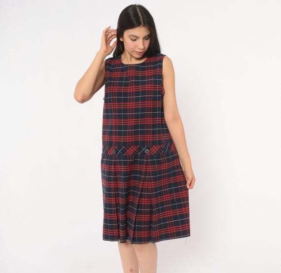80s Plaid Drop Waist Dress Navy Red Tartan Pleated Skirt Cotton Round Neck School Uniform Style Preppy Academic Check Button Detail Medium M